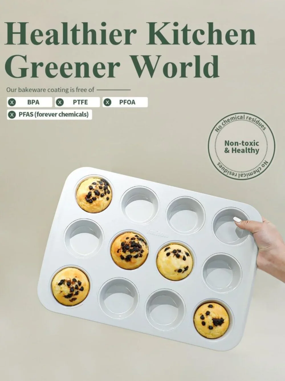 Nonstick Ceramic Muffin Pan - 12 Cup Cupcake Tin, Oven Safe, Non-Toxic, Pink